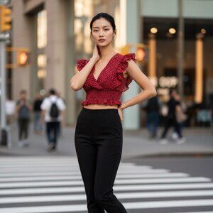 Red polka dot ruffled crop top with bow at the front and back – Size M ❤️✨